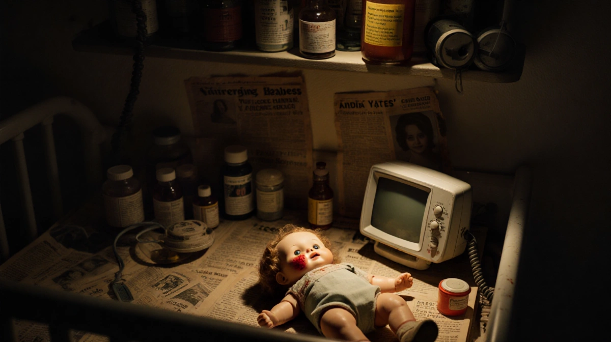 Old doll lies on changing table with medical bottles and vintage baby monitor casting eerie shadows