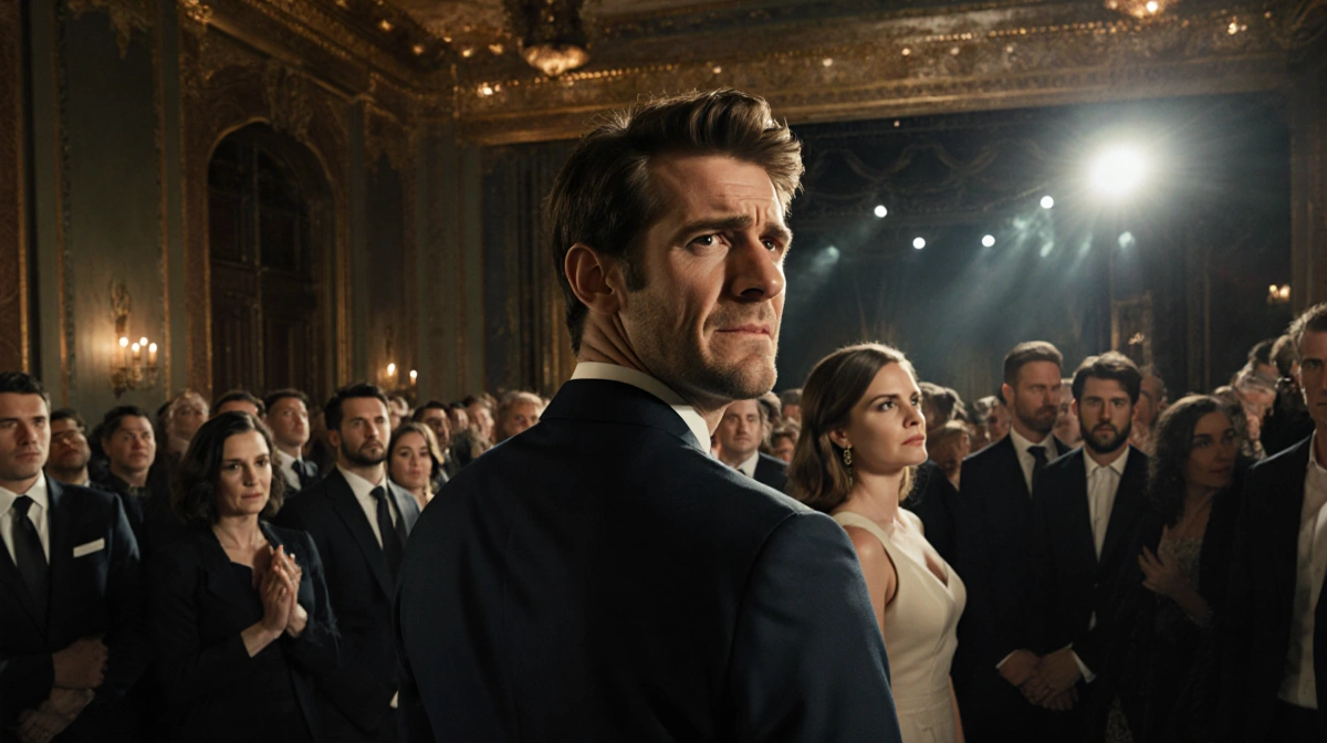 Andrew Garfield stands with terrified expression at celebrity awards ceremony with Kerry Washington and stars nearby