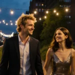 Andrew Garfield and Monica Barbaro walking hand in hand on High Line with Manhattan skyline and string lights glowing behind