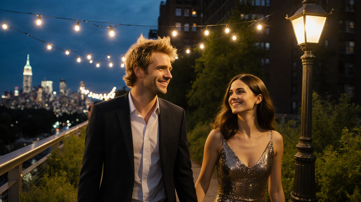 Andrew Garfield and Monica Barbaro walking hand in hand on High Line with Manhattan skyline and string lights glowing behind