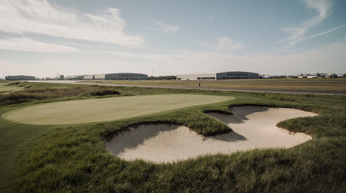 Aerial view of Andrews Air Force Base golf course with overgrown grass and worn bunkers under a blue sky and runway.