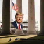 White columns rise with scaffolding and American flag above while a Jack Nicklaus club lies in front of golf course renovatio