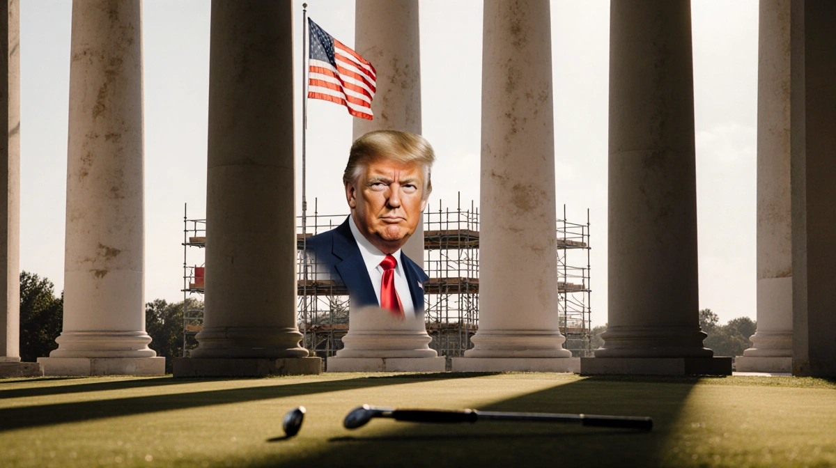 White columns rise with scaffolding and American flag above while a Jack Nicklaus club lies in front of golf course renovatio