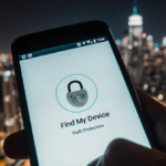 Android smartphone showing lock screen with glowing halo and fingerprint overlay against blurred city night