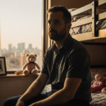 Andy Beyer sits on bunk bed with stuffed animal and framed photo city glow blurred through window
