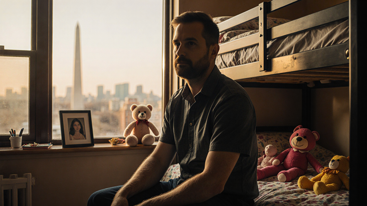 Andy Beyer sits on bunk bed with stuffed animal and framed photo city glow blurred through window