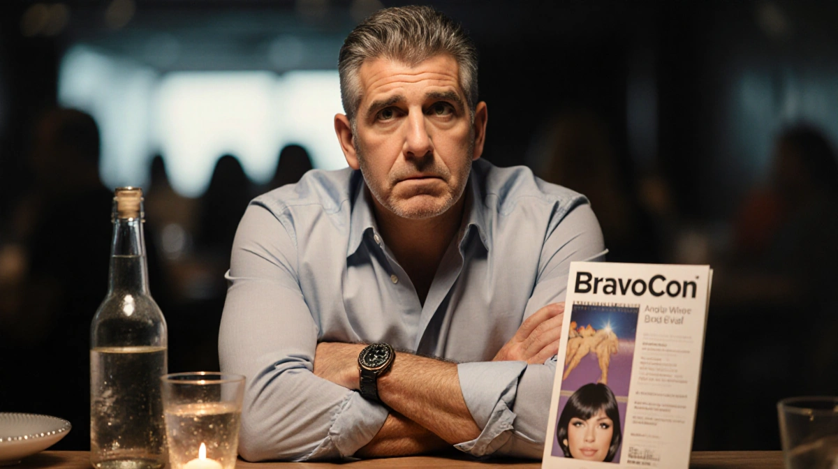 Andy Cohen sits alone at table with arms crossed and cocktail glass near BravoCon program showing concern