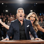 Andy Cohen looks frazzled and surprised as talk show host behind podium with Jillian Michaels bursting in and hair disheveled