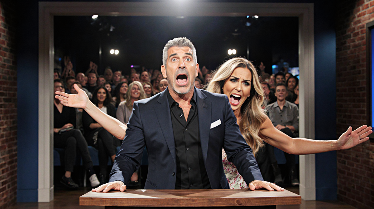 Andy Cohen looks frazzled and surprised as talk show host behind podium with Jillian Michaels bursting in and hair disheveled