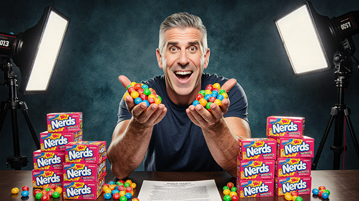 Andy Cohen holds a handful of colorful Nerds with stacks around him against a TV studio backdrop.