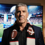 Andy Cohen standing with a TV screen showing Super Bowl mock‑up and a football‑themed scarf glowing in warm light