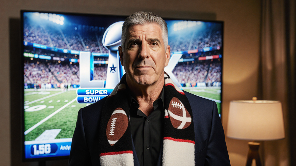 Andy Cohen standing with a TV screen showing Super Bowl mock‑up and a football‑themed scarf glowing in warm light