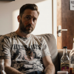 Comedian Andy Dick sits on couch with empty liquor bottles and medication containers while a blurred rehab door appears behin