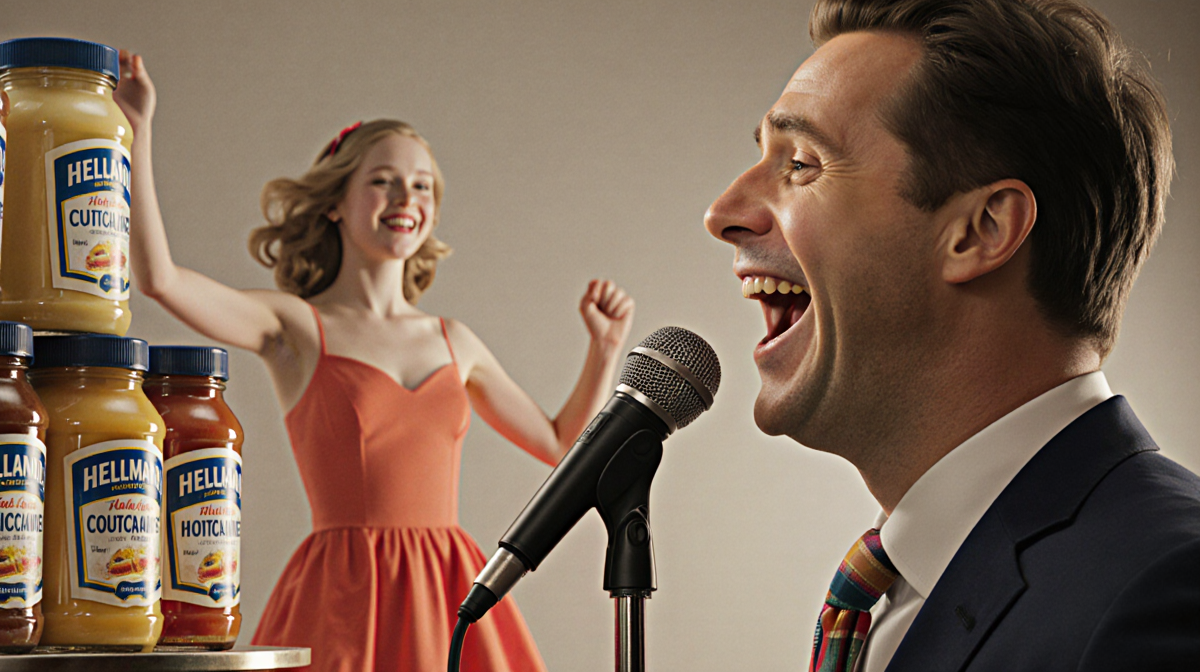 Andy Samberg singing into a microphone with Hellmann jars and a dancing Elle Fanning behind him on a 1950s diner stage.