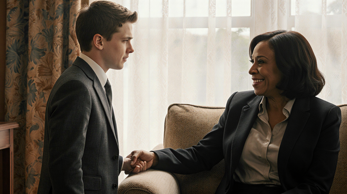 Young actor Harry standing nervously with actress Angela Bassett seated and smiling hand in hand.