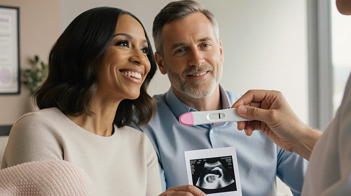 Angela Bassett and Slater Vance sitting with a doctor holding a pregnancy test in an IVF clinic with a birth certificate behi