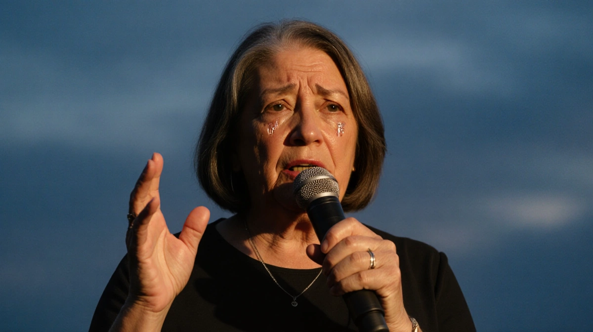 Angela James speaking at microphone with tears on her cheeks and blue background showing grief and strength