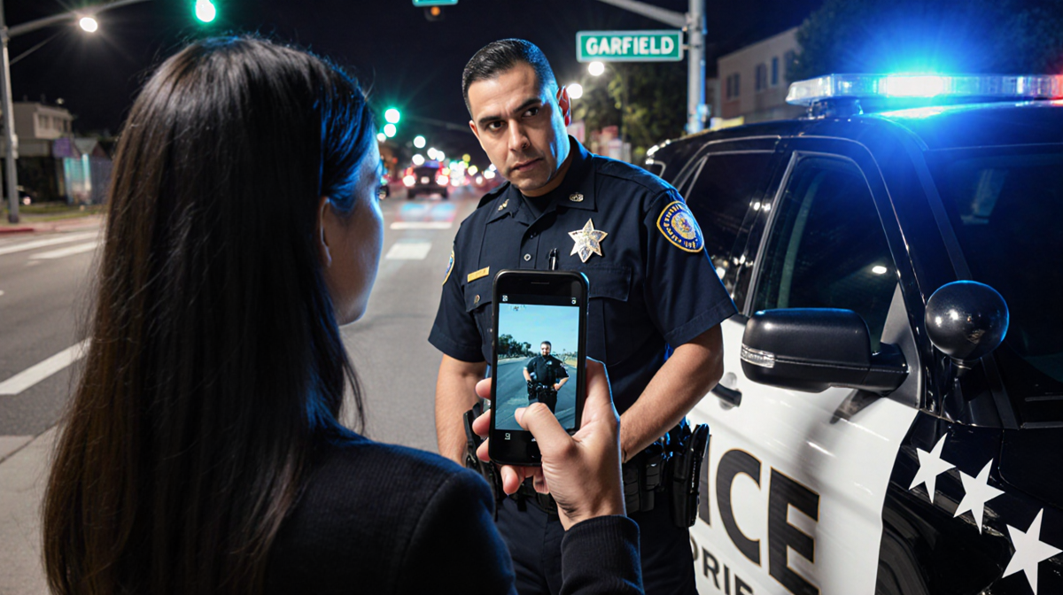 Angelica Vargas holding a phone with footage while facing a federal agent near a police car on Garfield Boulevard intersectio