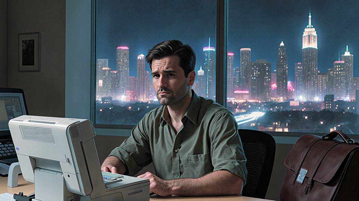 Angelo Doyle sits at a photocopier with a briefcase and neon city lights behind him hinting his dual life