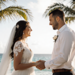 Bride stands in white dress with Rick beside her and turquoise ocean and palm trees in background