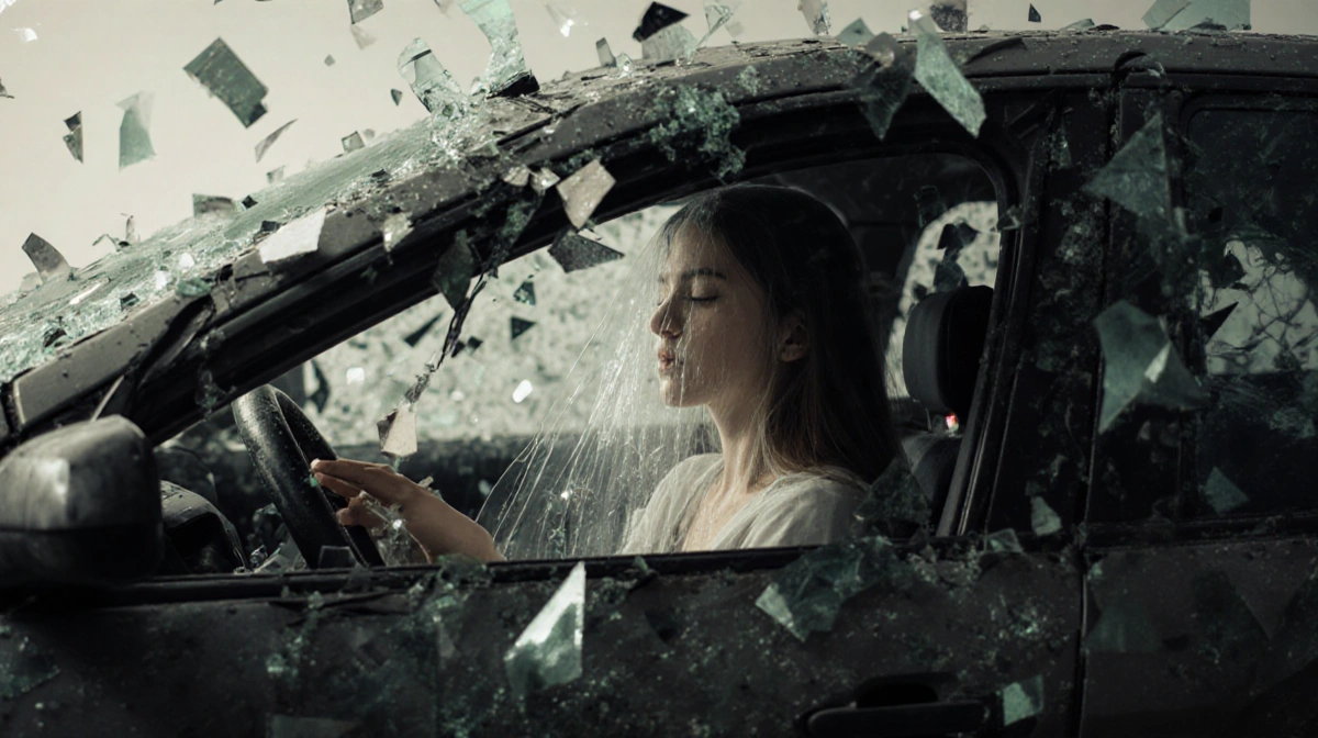 Young woman lies in wrecked car with shattered glass and twisted metal surrounding her face