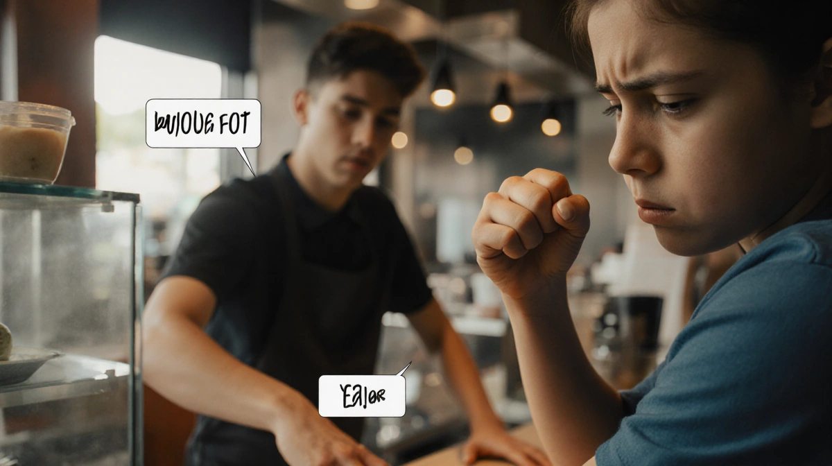 Frustrated customer clenching fist at restaurant counter with employee gesturing to calm the situation