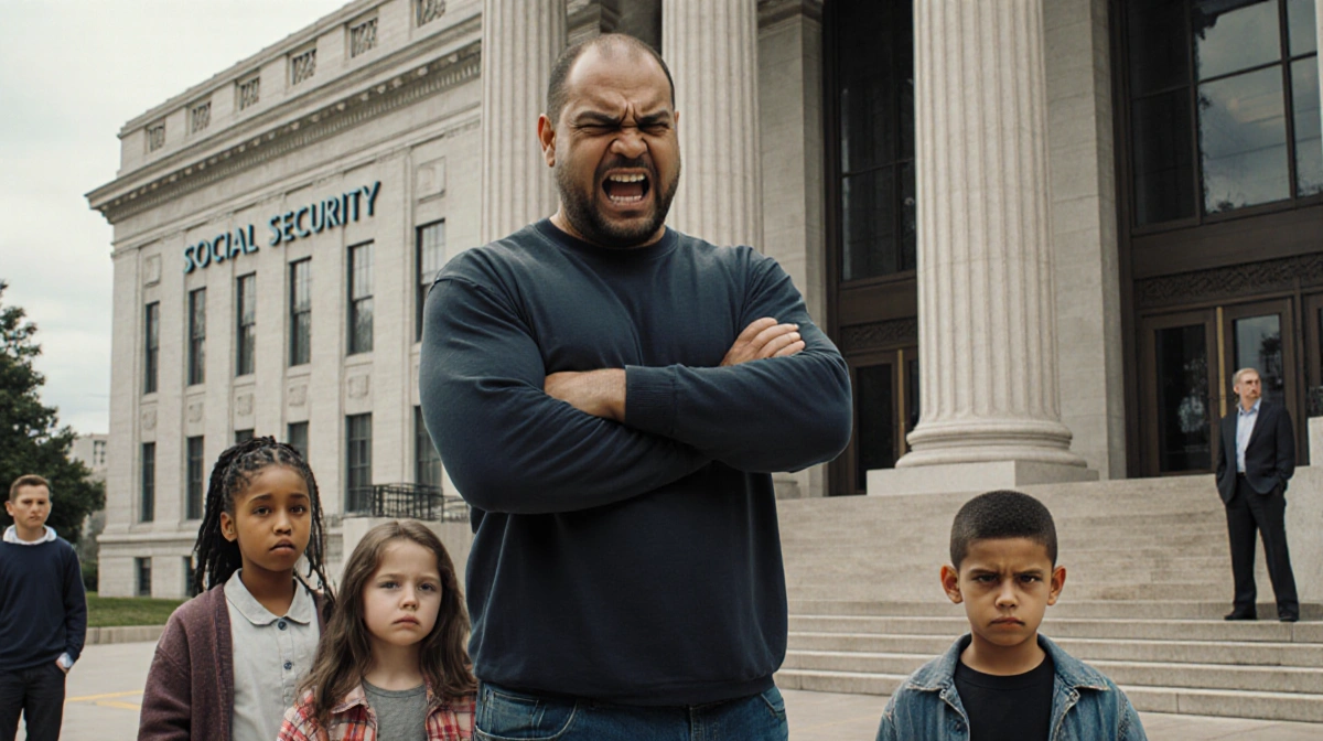 Angry man stands outside social security office with clenched fists and children nearby