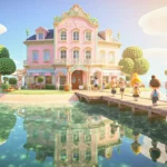 Villagers stroll past pastel boutique hotel with ornate details reflected in calm dock waters and golden sunlight