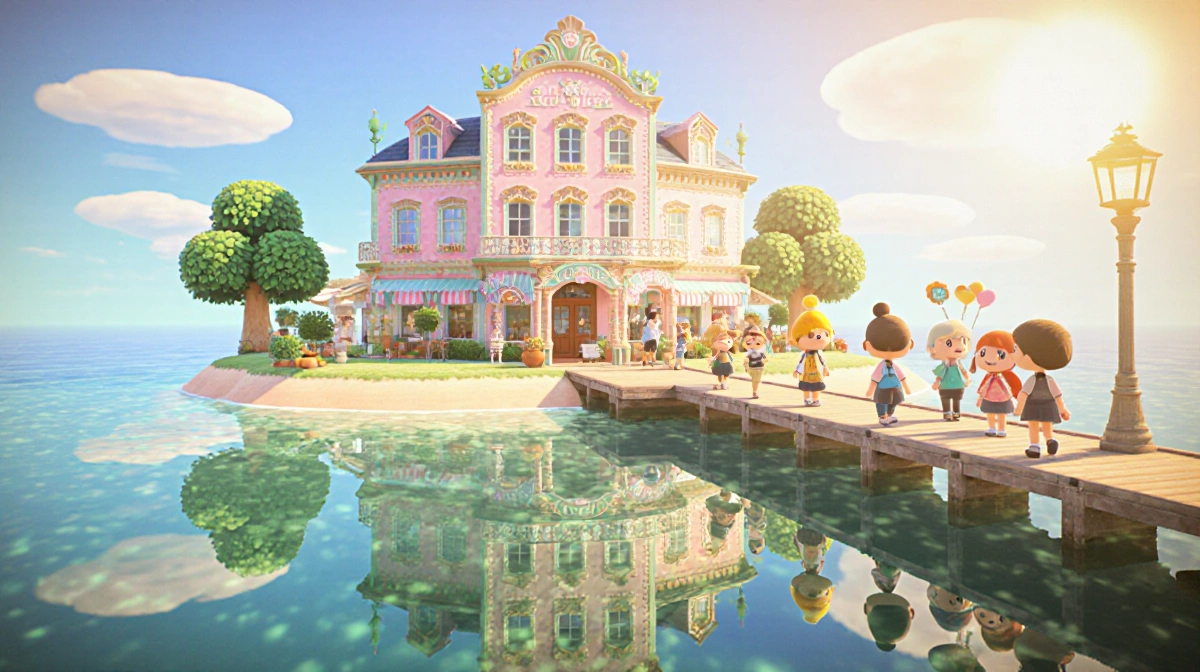 Villagers stroll past pastel boutique hotel with ornate details reflected in calm dock waters and golden sunlight