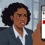 Woman reacting with hurt and anger to unprofessional message on phone screen with professional office background