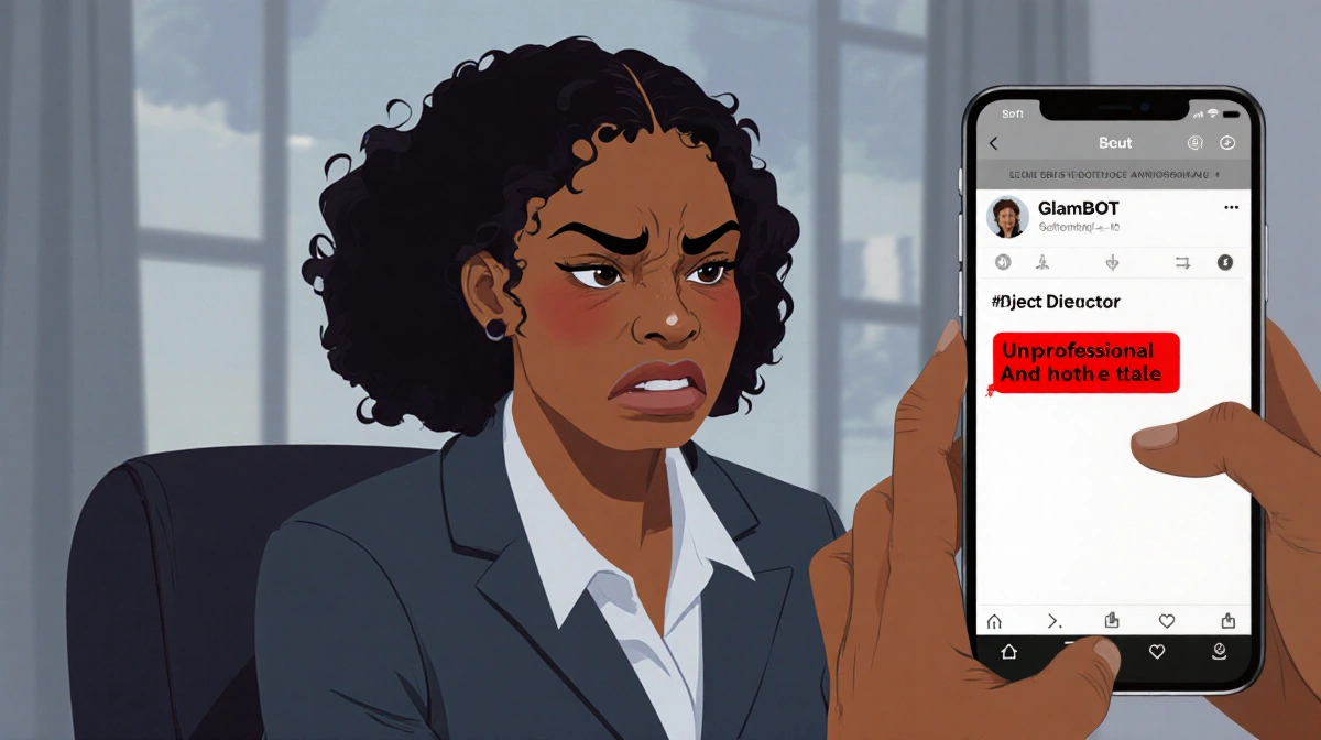 Woman reacting with hurt and anger to unprofessional message on phone screen with professional office background