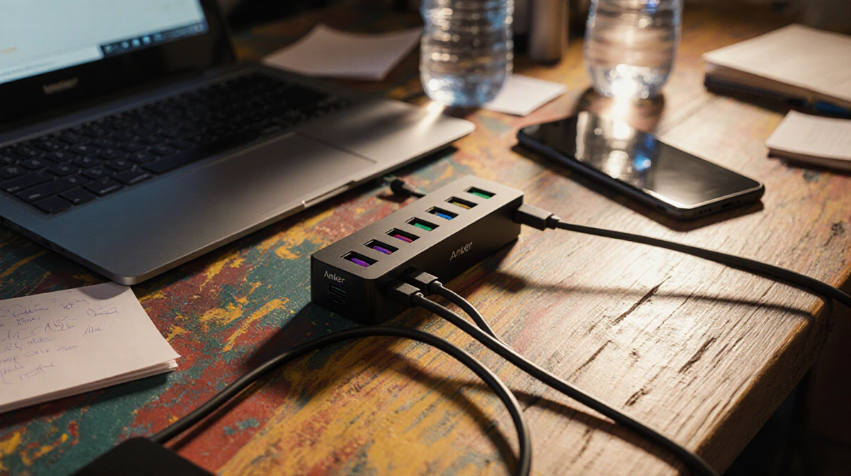 Anker 6-port USB charging hub powers multiple devices on cluttered desk with warm lighting and blurred background
