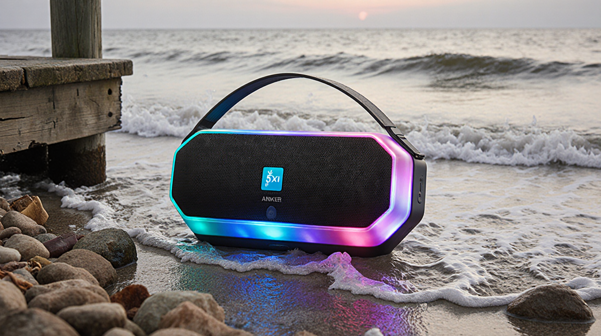 Anker Bluetooth Speaker playing with LED lights swirling around it on a rocky shoreline with small waves lapping its base and