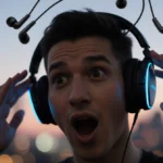 Person putting on Anker noise cancelling headphones with surprise and city lights blurred behind