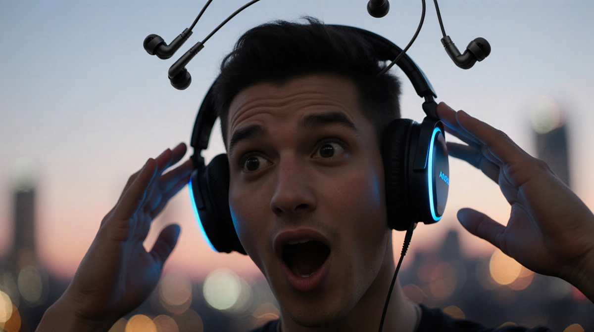 Person putting on Anker noise cancelling headphones with surprise and city lights blurred behind