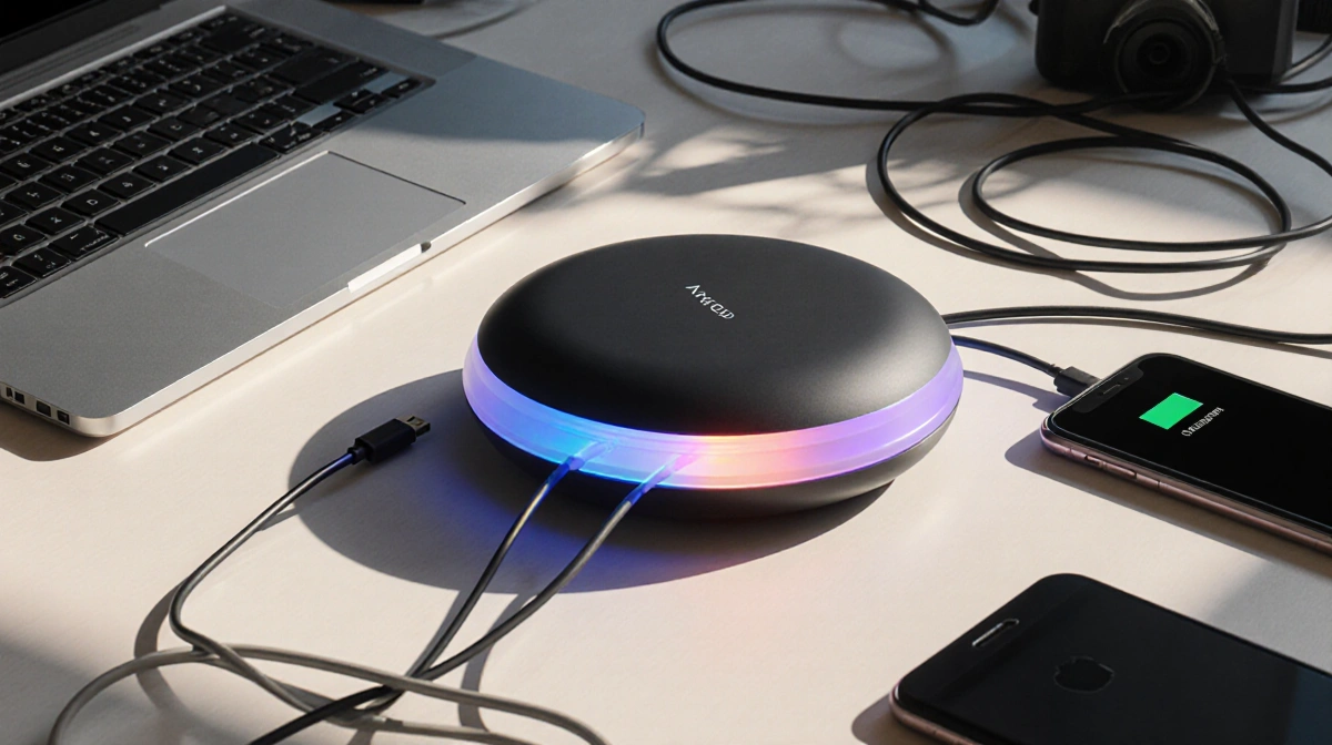 Anker MagGo UFO charging pad powering phone tablet and watch with warm glow and organized cables