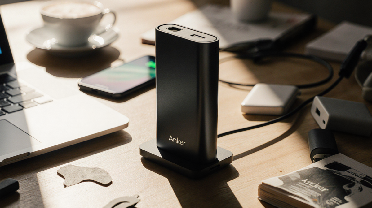 Anker MagSafe Battery sits centered on cluttered desk with laptop and phone nearby