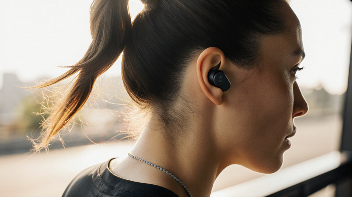 Runner jogging on treadmill with open-ear earbuds and glancing ahead for safety