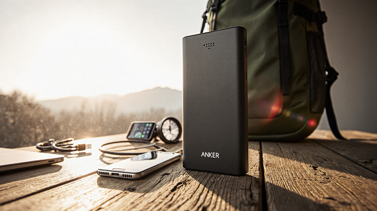 Anker Power Bank opens revealing USB‑C port with cables and phone on worn wooden table in warm natural light