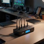 Charging station organized with tidy cables on a modern desk with warm lighting and cluttered background