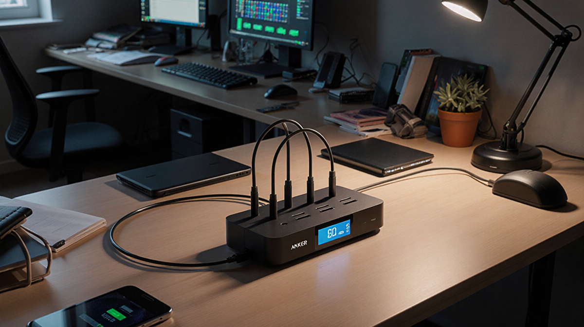Charging station organized with tidy cables on a modern desk with warm lighting and cluttered background