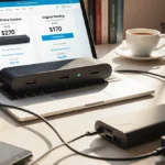 Laptop on cluttered desk shows Anker Prime docking station price comparison deal with coffee mug and books nearby