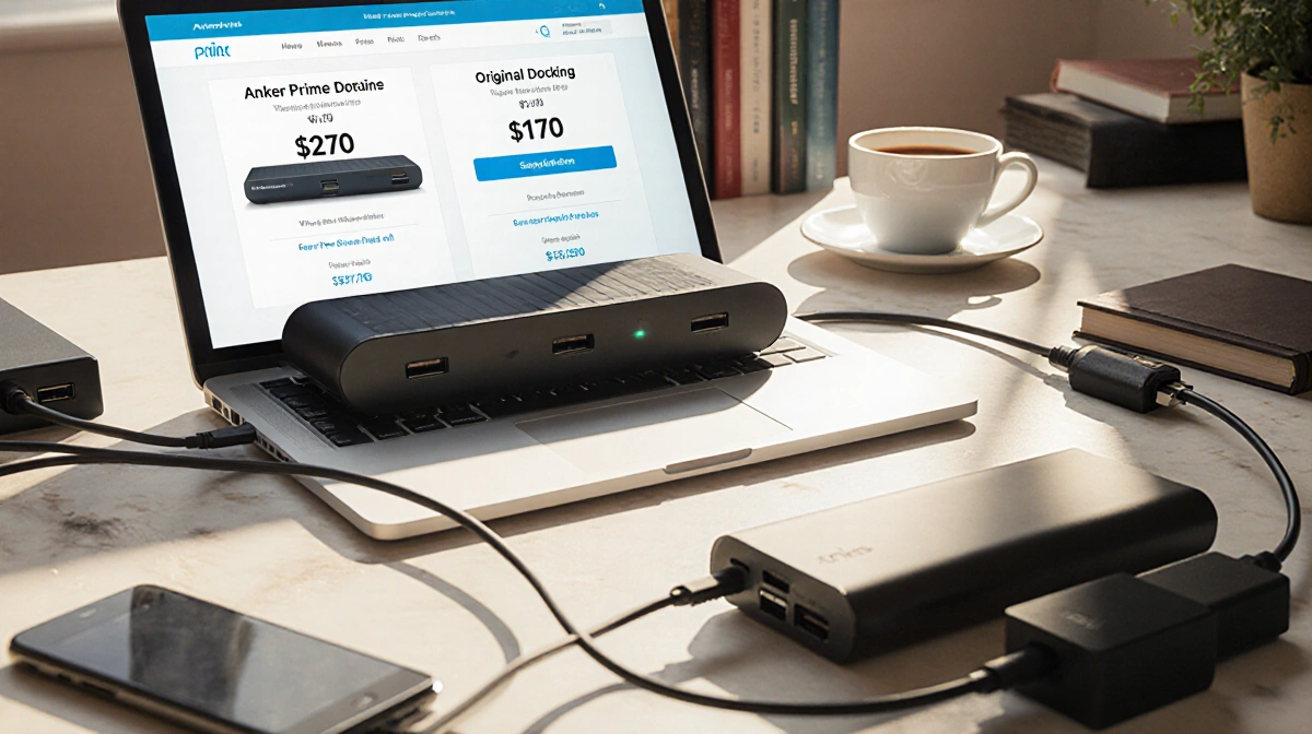 Laptop on cluttered desk shows Anker Prime docking station price comparison deal with coffee mug and books nearby