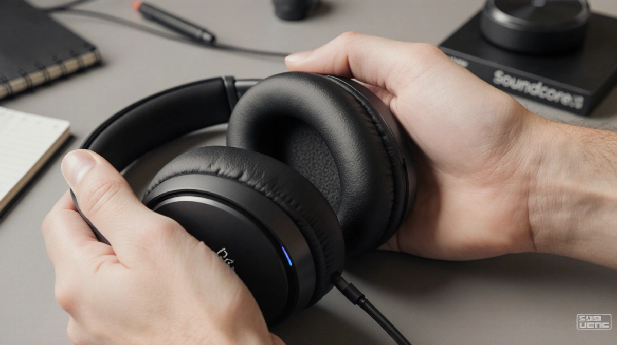 Hands holding Anker Soundcore Life Q30 headphones with notebook and audio gear nearby