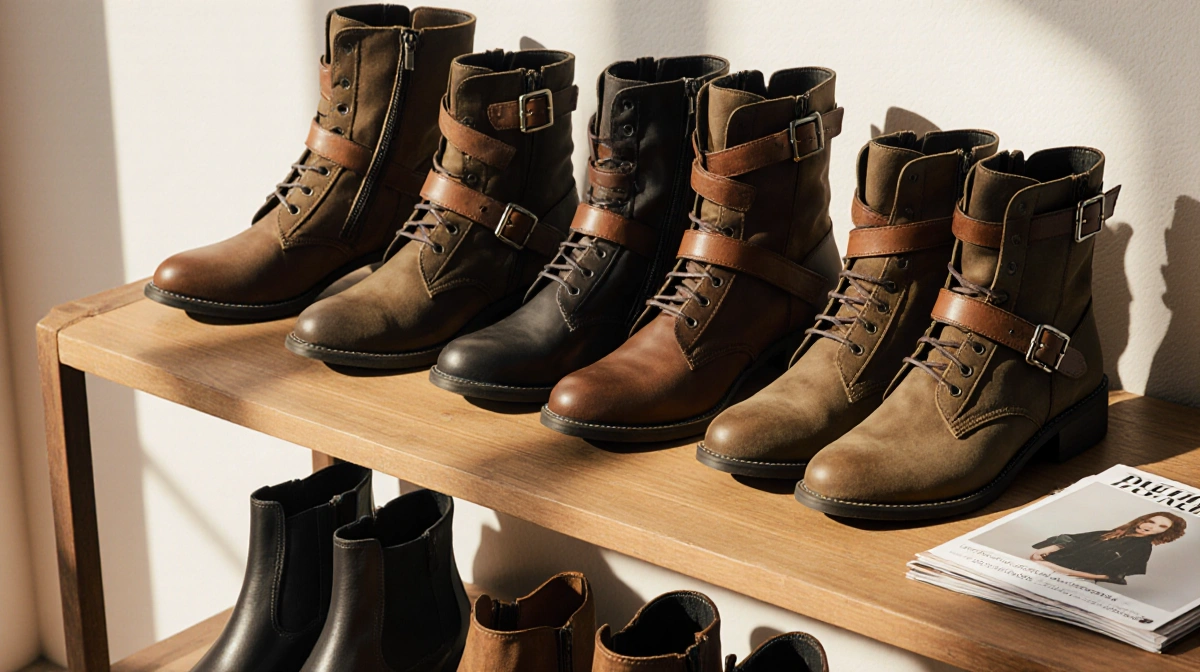 Ankle boots lined up on wooden shelf with leather straps and buckles near fashion magazines showing cozy natural light