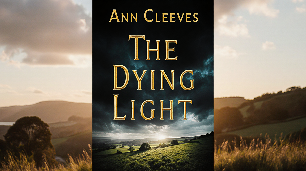Book cover of The Dying Light shows golden title and author over a sunset‑blurred Devon summer landscape with shadows