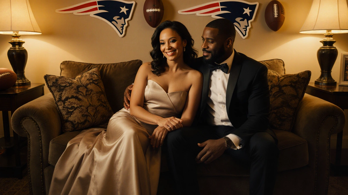 Ann Michael Maye sits on plush couch with Patriots memorabilia and footballs showing team spirit