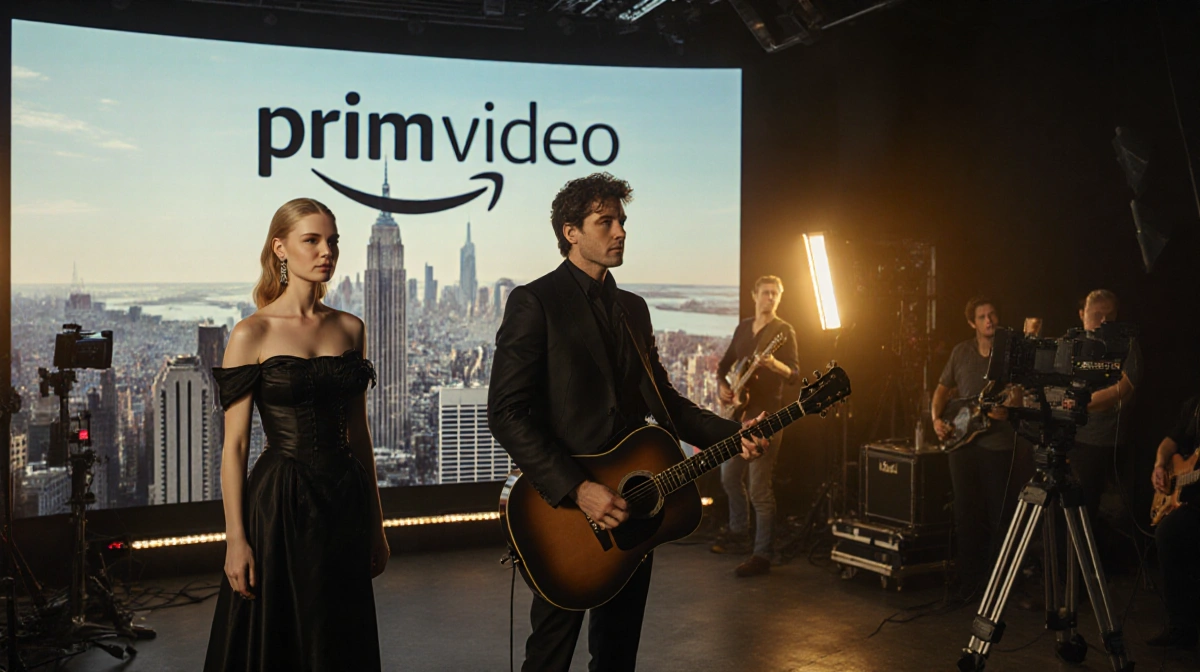 Anne Hathaway and Nicholas Galitzine filming The Idea of You with Prime Video logo and city skyline behind