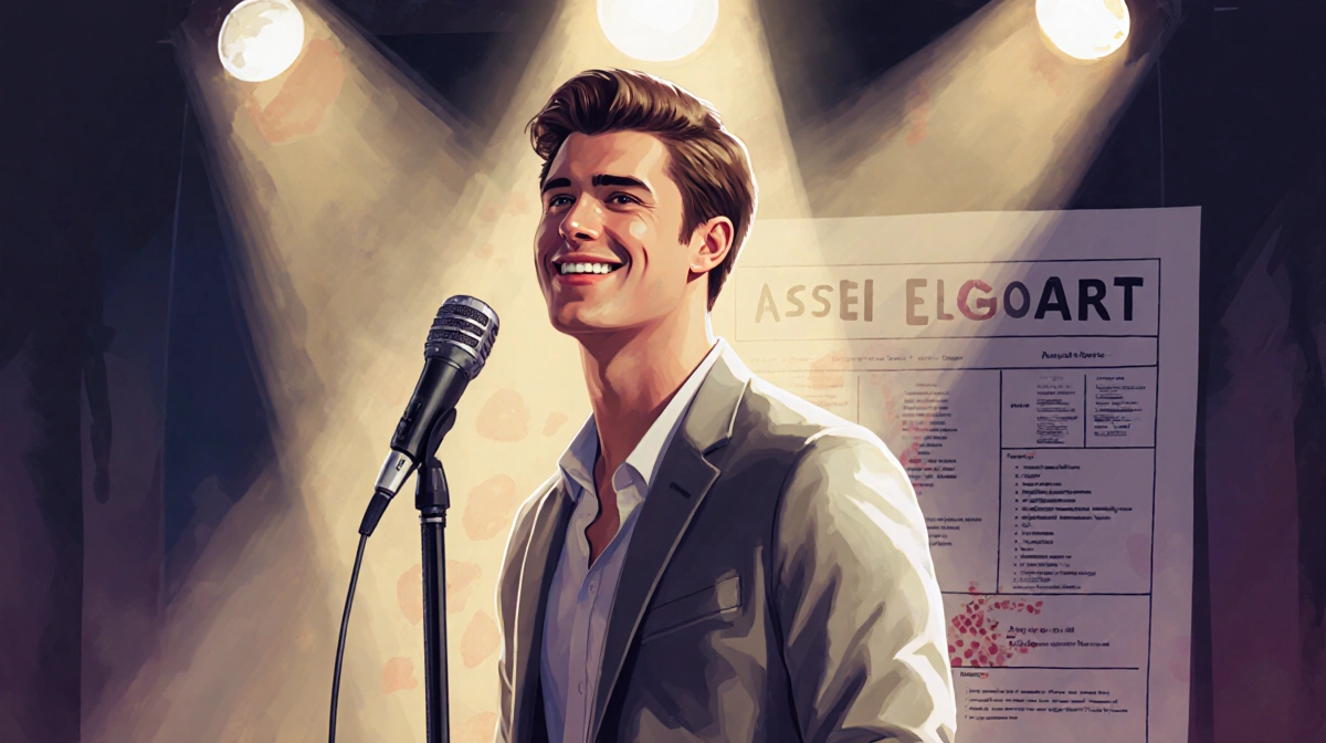 Ansel Elgort performing on stage with microphone and warm spotlights showing Augustus Waters charm