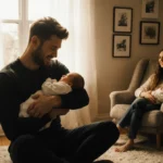 Ansel Elgort holding newborn baby with soft window light and partner smiling beside nursing chair
